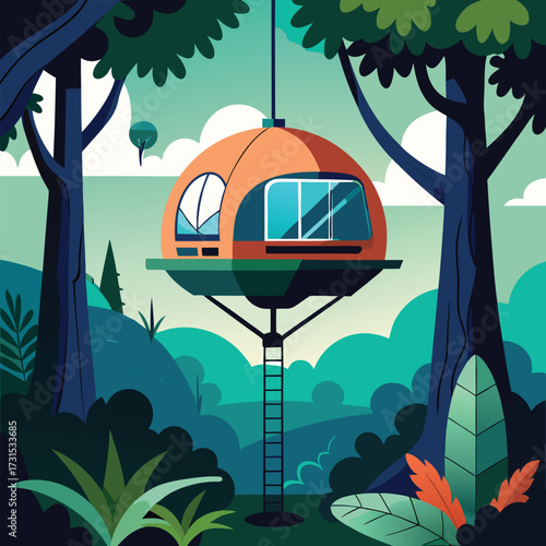 a futuristic pod shaped treehouse hanging from mas (1).eps