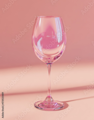 A pink wine glass stands on the ground, with a solid color background