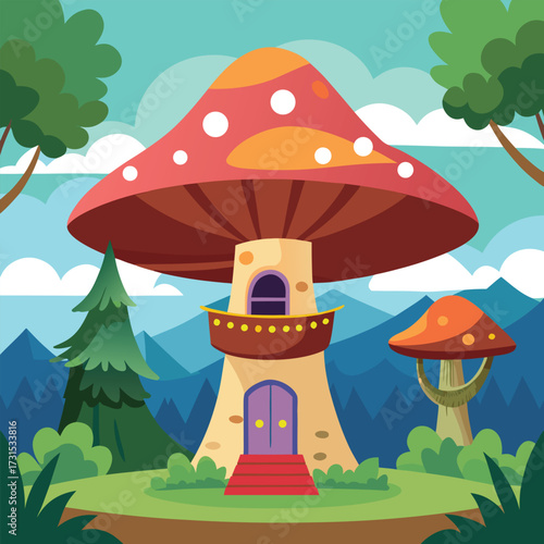 a giant mushroom cap treehouse in a fantasy cartoo (1).eps