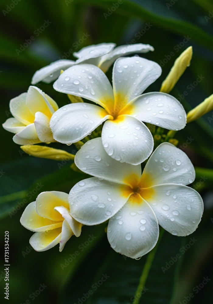 Obraz premium white plumeria flower, Macro shot of white tuberose flowers covered in sparkling water drops after rain. Delicate petals, green buds create natural, fresh aesthetic. Perfect for summer garden themes, 