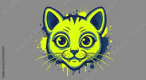 Stylized cat head graphic with bright yellow and blue elements on gray background