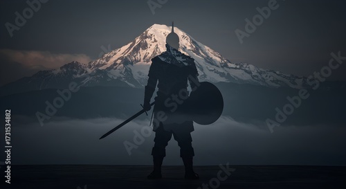 Warrior silhouette with sword and shield against mountain peak