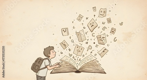 Young person studies open book with floating abstract images illustration