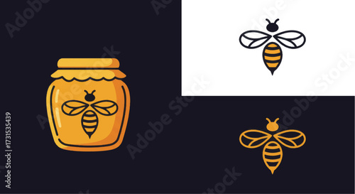 Honey Bee and Jar Logo Design Vector Set.