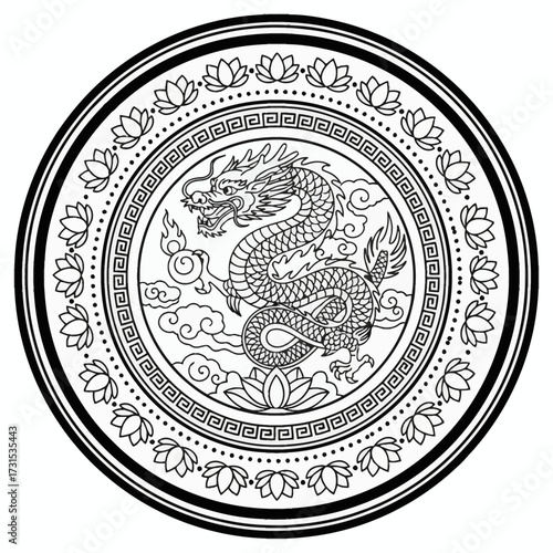 Korean Yong Vector Art Clean minimalist style ornamental art with thick lines. High-res, scalable asset for Guardian themes, Korea culture, or modern Yong protection designs.