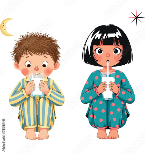 Cartoon children drinking milk, kids in pajamas bedtime routine, boy and girl illustration, cozy night scene,