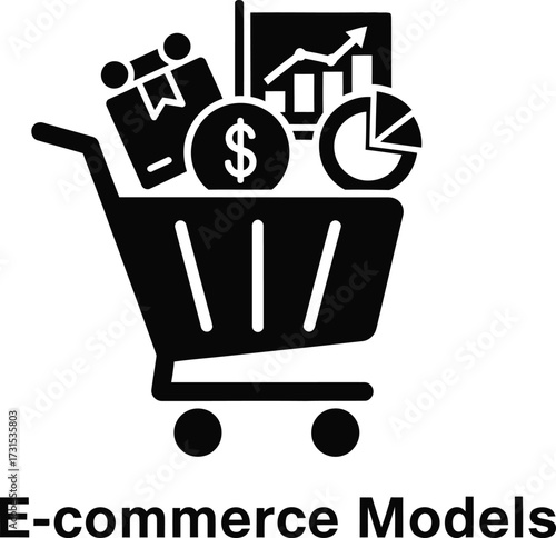 E commerce shopping cart filled with business and financial icons