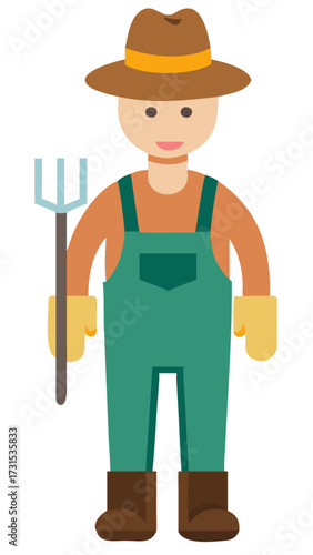Friendly farmer character in overalls and a hat holding a pitchfork, an isolated flat vector illustration for agriculture and farming concepts