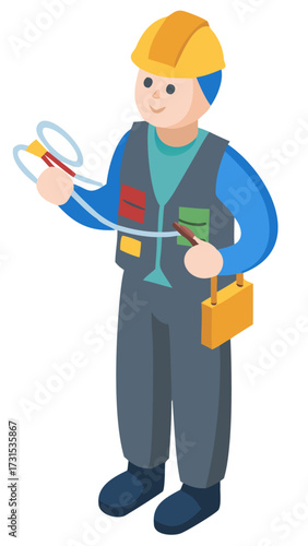 Isometric illustration of a professional electrician character in a hard hat and uniform holding wires and a diagnostic tool for maintenance