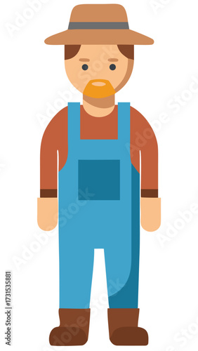 Cartoon farmer man character in traditional work clothes. Vector illustration of a male agricultural worker with a beard, wearing a hat and overalls for farming concepts