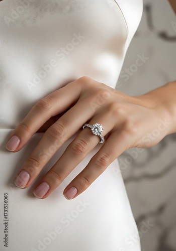 Diamond engagement ring on womans hand with white dress