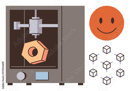 3D printer producing a hexagonal object, orange happy face symbol, and interconnected cubes suggest innovation. Ideal for technology, manufacturing, creativity, design, education, teamwork