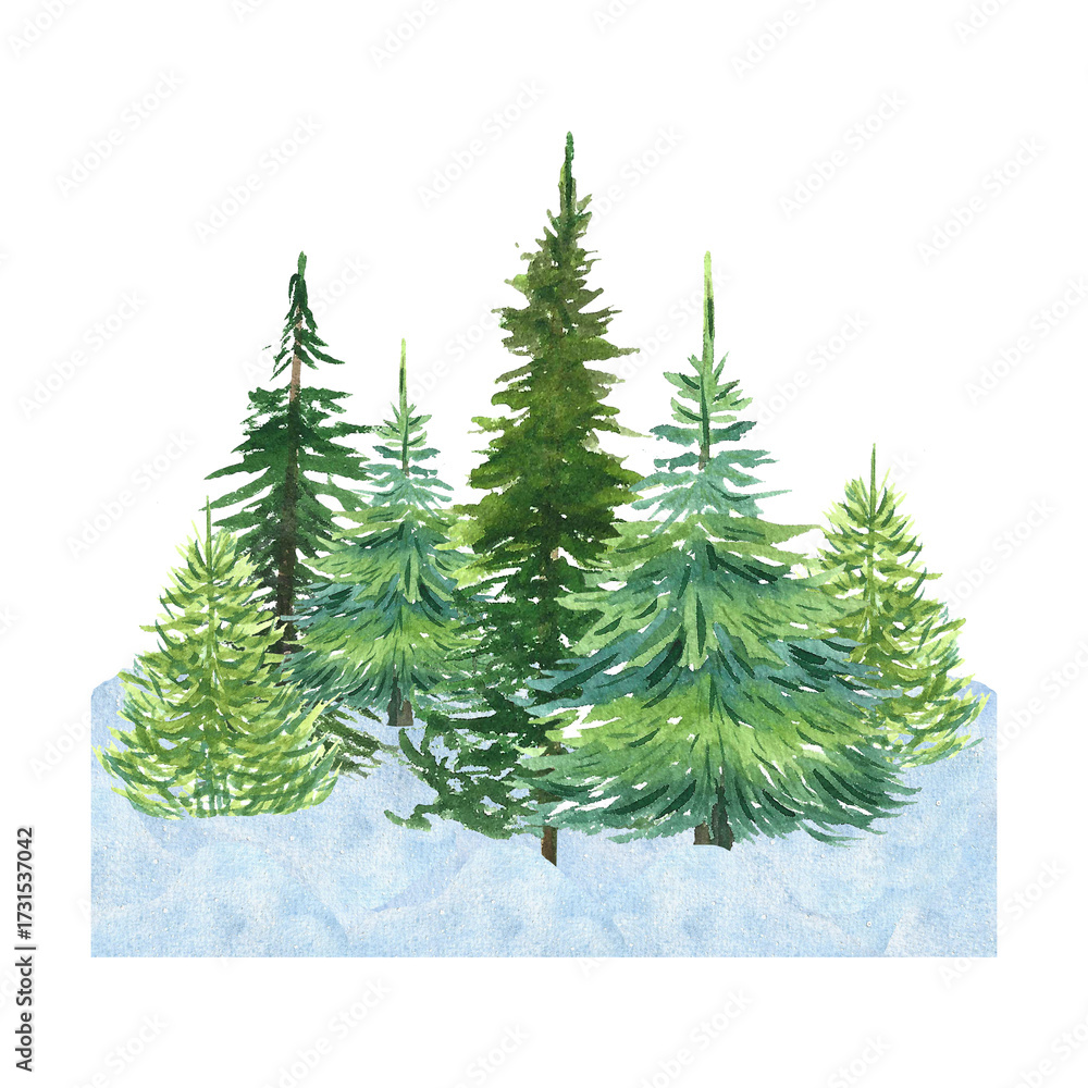 Obraz premium pine forest in winter, watercolor illustration for postcards, design, packaging, textiles, and dishes