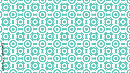 A seamless and stylish retro geometric pattern of interconnected circles and shapes, creating a clean and modern abstract background in turquoise for design