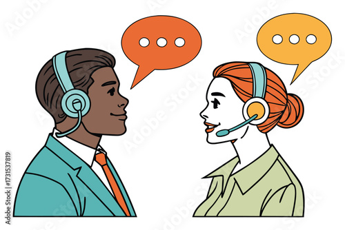 Customer service representatives with headsets and speech bubbles vector illustration for communication and support isolated on white background