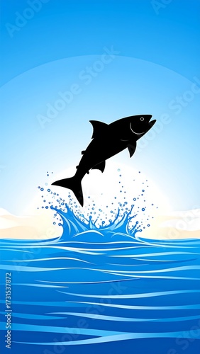 Leaping fish silhouette against a stylized ocean sunrise