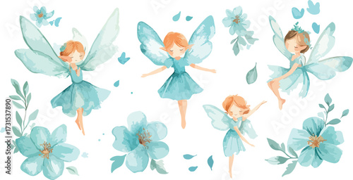 Whimsical watercolor fairies with delicate wings and blue flowers in a dreamy enchanted garden