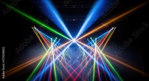 Energetic stage light display with crisscrossing vibrant beams creating a dynamic atmosphere