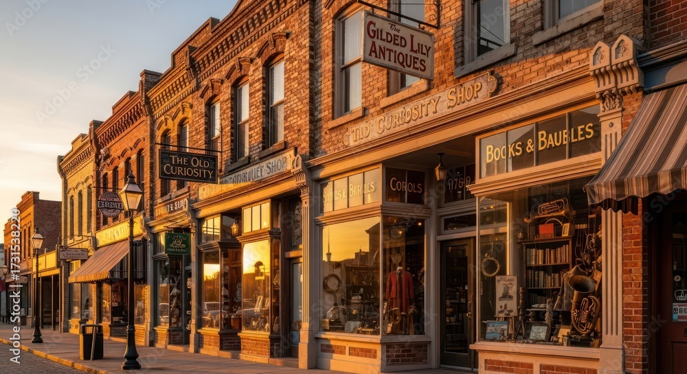 Fototapeta premium Charming storefronts basking in the warm glow of the setting sun, creating a nostalgic atmosphere