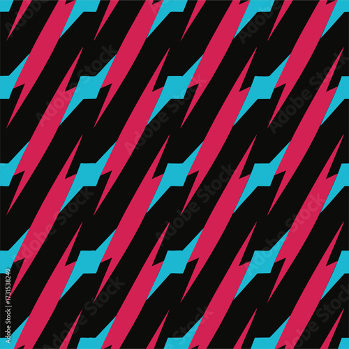Bold Diagonal Stripe Pattern in Pink, Blue, and Black,Seamless Retro-Inspired Lightning Print with Bright Colors,Modern Geometric Pattern Featuring Zigzag Stripes