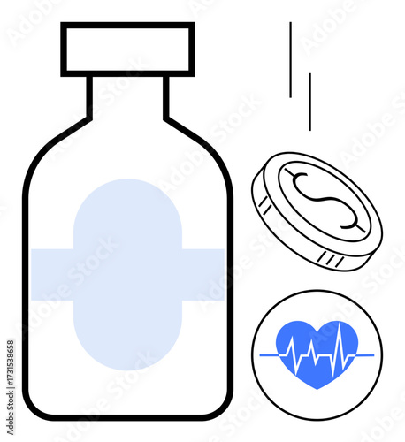 Medicine bottle with cap, blue heartbeat icon symbolizing health, prescription, wellness. Ideal for healthcare, medical research, pharmacy, treatment, preventive care cardiology simple flat