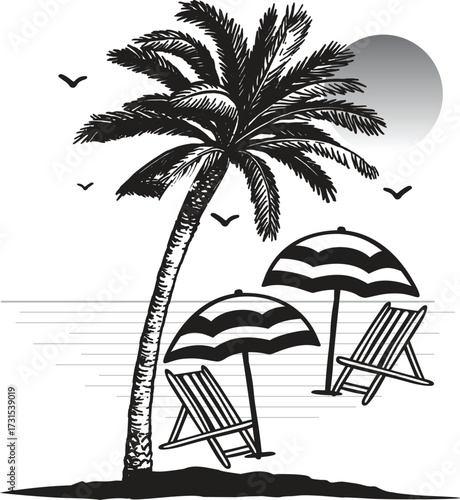 Black and white silhouette of sea side with palm trees and chairs