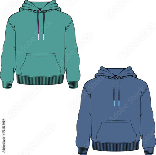 Two long sleeve hoodie mockups, one in turquoise and the other in navy, shown in a front view on a white background