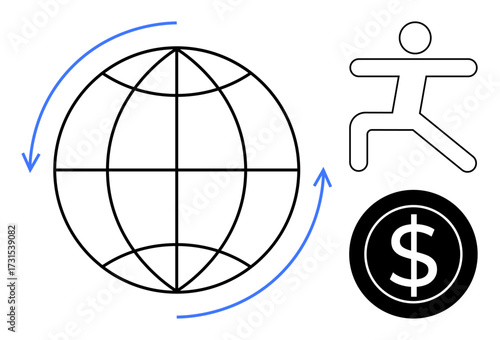 Globe outline with arrows, human figure in motion, and a dollar sign. Ideal for themes thumbs up globalization, economy, sustainability, movement, progress fitness collaboration. Simple flat