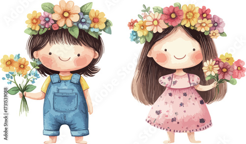 Two adorable watercolor girls wearing flower crowns holding bouquets of wildflowers