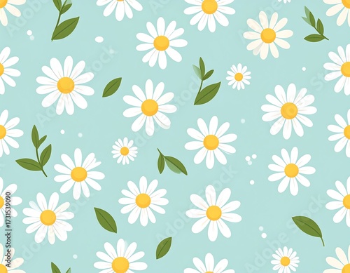 Light blue background with scattered daisies and leaves