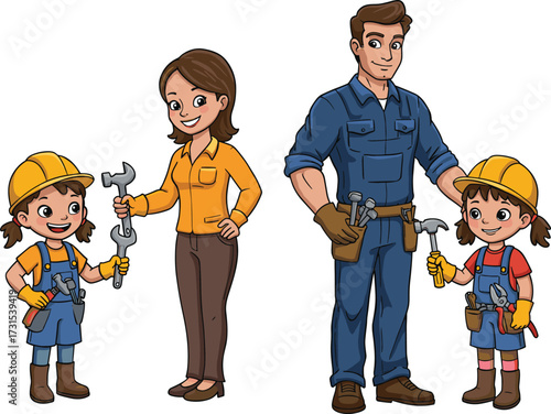 Cartoon family construction teamwork, parents and children with tools, kids learning building skills, DIY activity illustration