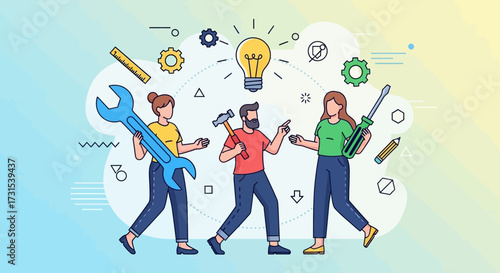 Teamwork illustration of creative problem solving and idea generation together