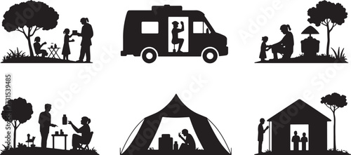 Family Camping Silhouette Outdoor Holiday in Nature Recreation Vector Illustration