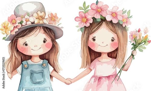 Two adorable watercolor girls holding hands wearing flower crowns and hats