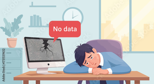 Frustrated man experiencing data loss due to computer failure in the office environment