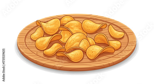 Delicious crispy potato chips arranged on a wooden board, perfect for snacking and fast food