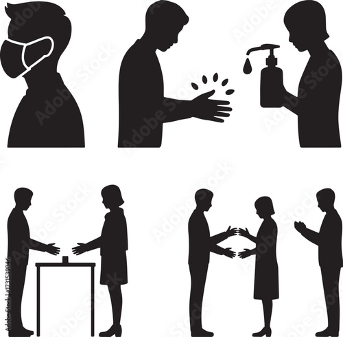 Virus Prevention Silhouette Healthcare Measures Disinfection Hygiene Sanitizer Vector