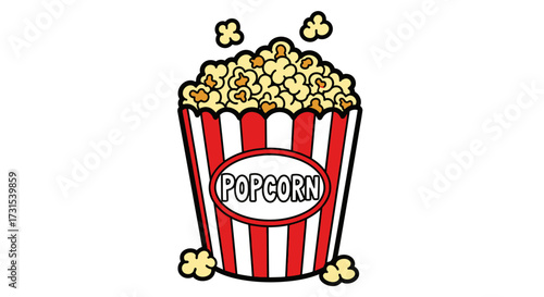Delicious popcorn in a red and white striped container ready to enjoy at the movies