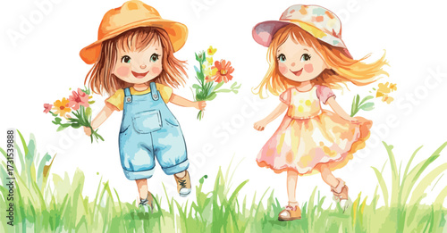 Two happy little girls in hats and dresses running through a grassy field holding flowers