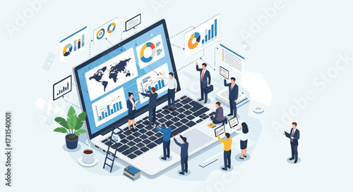 Isometric illustration showcasing business teamwork and data analysis on a large laptop display