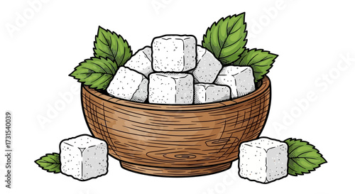 Hand drawn illustration featuring sugar cubes in a wooden bowl with green mint leaves surrounding