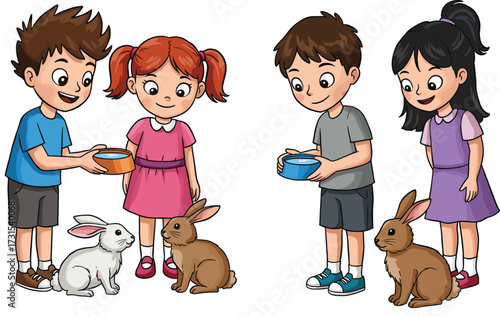 Cartoon children feeding rabbits, kids caring for animals, pet care illustration, happy childhood activity, family responsibility,