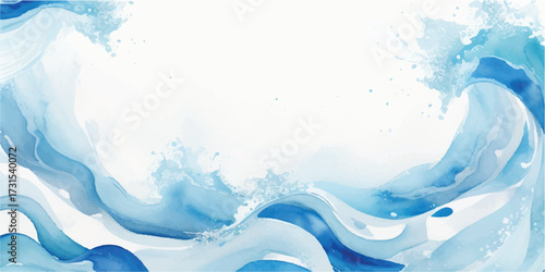 Abstract watercolor background of blue flowing shapes with white space accentuating coolness