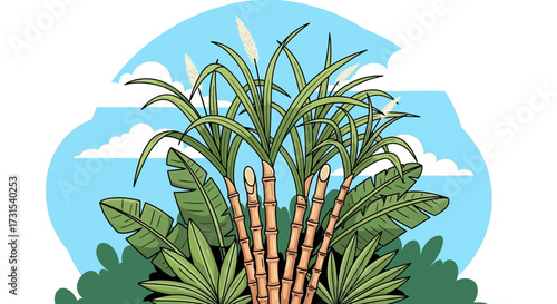 Illustrative scene of sugarcane plants with green leaves and a clear blue sky background