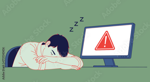 Exhausted developer sleeping at desk with error message on computer screen illustration