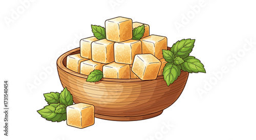 Illustration of a wooden bowl filled with sugar cubes and adorned with mint leaves