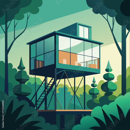 a sleek glass and steel treehouse blending into gr (2).eps