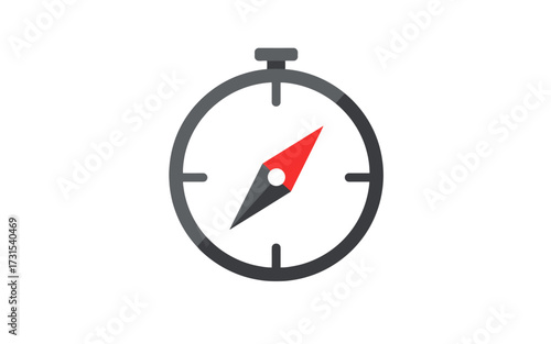 A simple flat design icon of a compass with a red and black needle pointing direction.