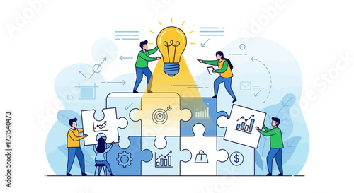 Teamwork and collaboration to create innovative business solutions with brainstorming and strategy