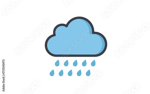 A simple cartoon illustration of a blue cloud with dark outline and raindrops falling down.